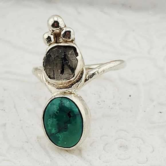 TURQUOISE & RUTILATED QUARTZ HANDMADE RING IN STERLING SILVER METAL SIZE 7 - Picture 4 of 10